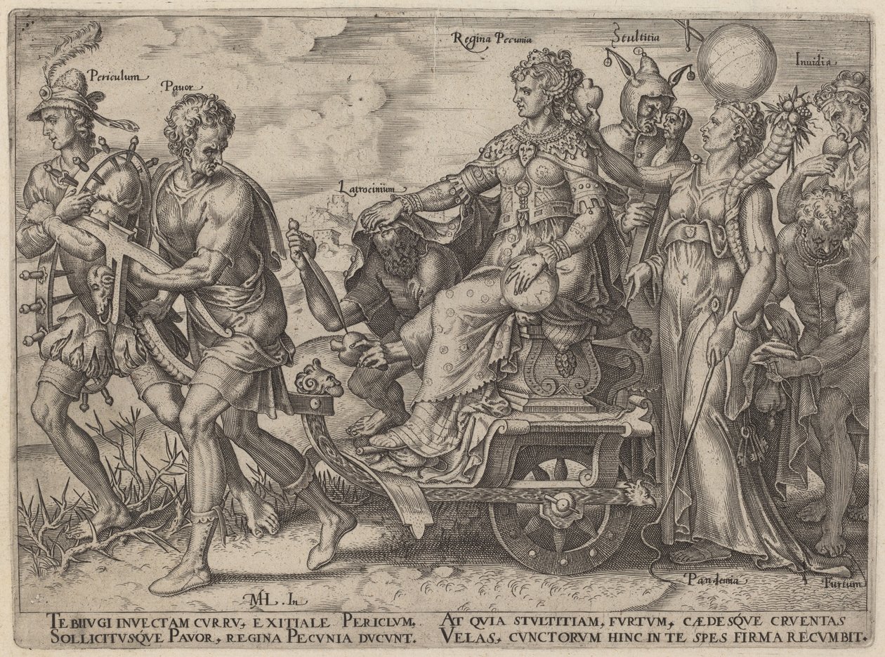 Gevaren en ondeugden die rijkdom vergezellen door Philip Galle, after Maerten van Heemskerck