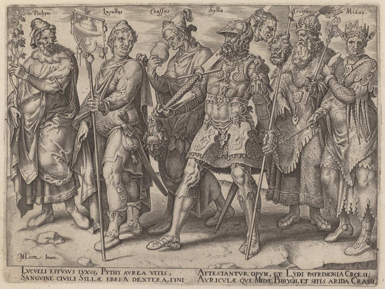 Pythius, Lucullus, Crassus, Sylla, Croesus, Midas (Beruchte Voorbeelden van Rijkdom uit de Oudheid) door Philip Galle, after Maerten van Heemskerck