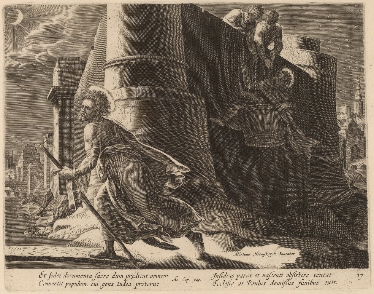 Sint Paulus Ontsnapt uit Damascus door Philip Galle after Maerten van Heemskerck