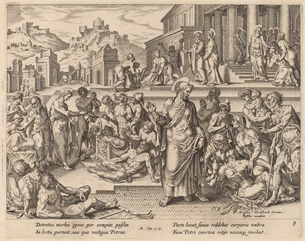 Sint Petrus geneest de zieken met zijn schaduw door Philip Galle after Maerten van Heemskerck
