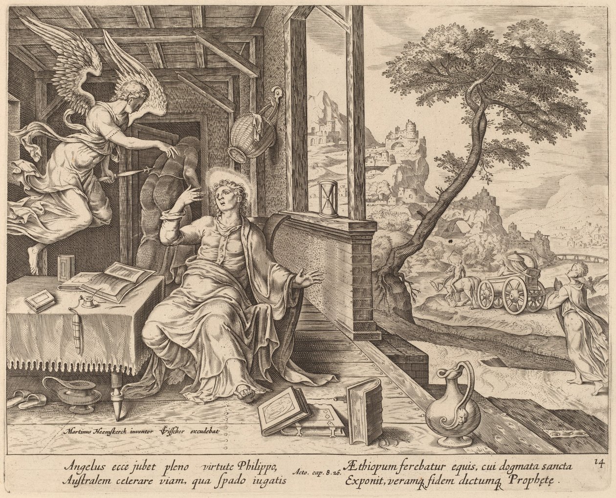 De engel beveelt Sint Filippus de Ethiopische eunuch te vergezellen door Philip Galle after Maerten van Heemskerck