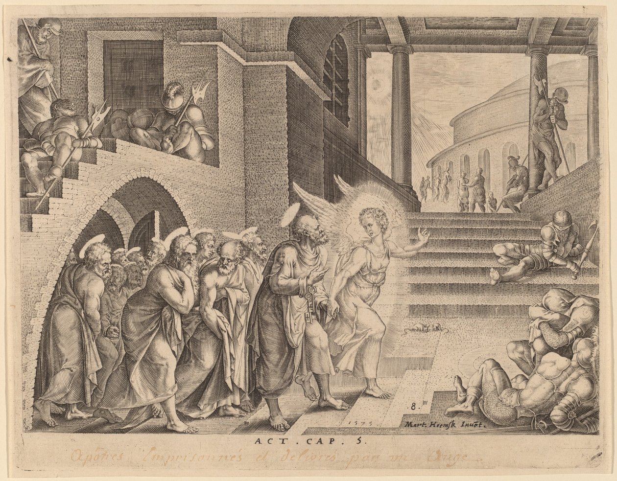 De Apostelen Bevrijd uit de Gevangenis door een Engel door Philip Galle after Maerten van Heemskerck