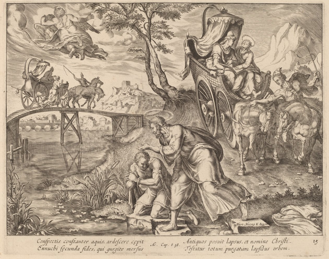 De doop van de eunuch door Sint Filippus door Philip Galle after Maerten van Heemskerck