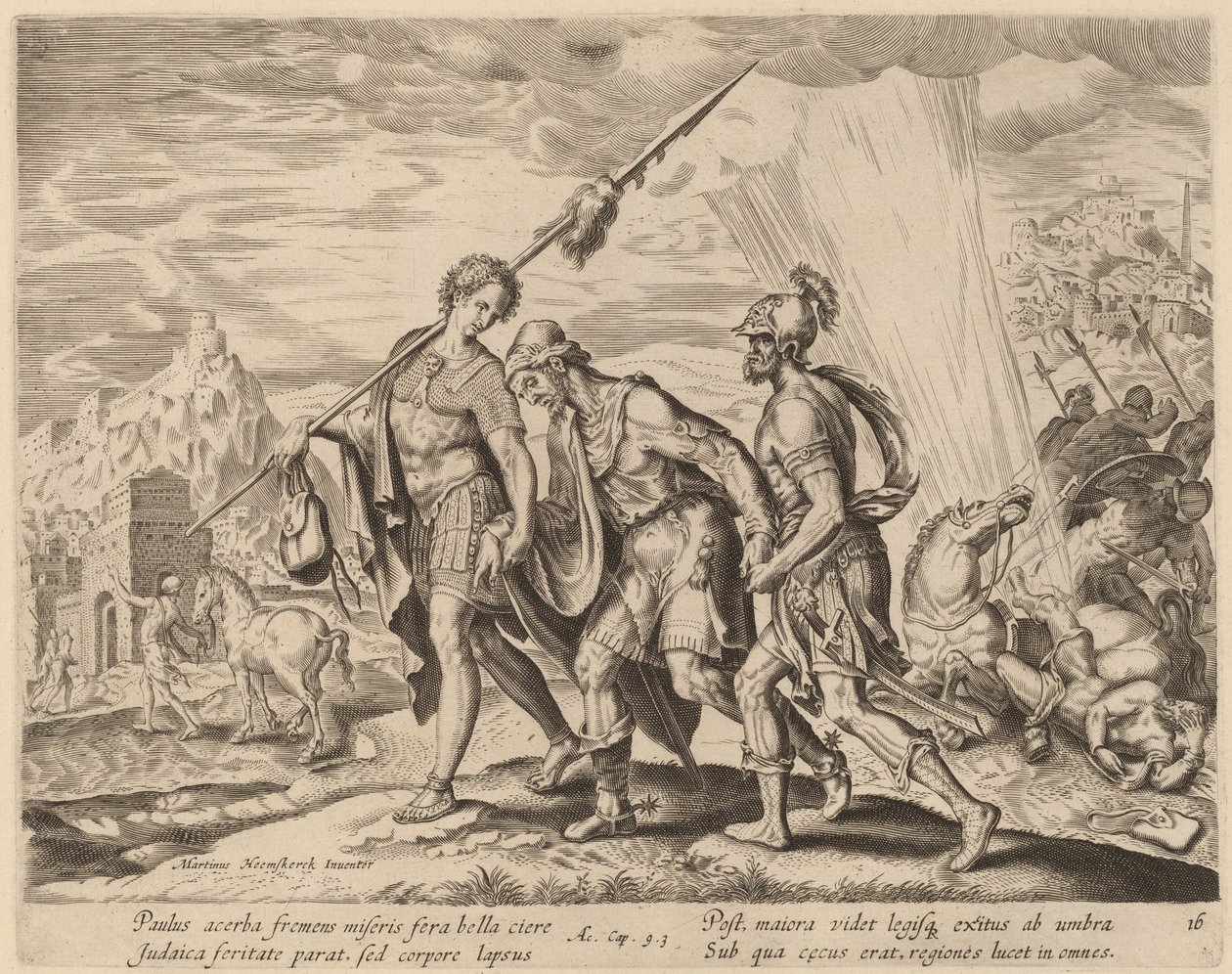 De bekering van Sint Paulus door Philip Galle after Maerten van Heemskerck