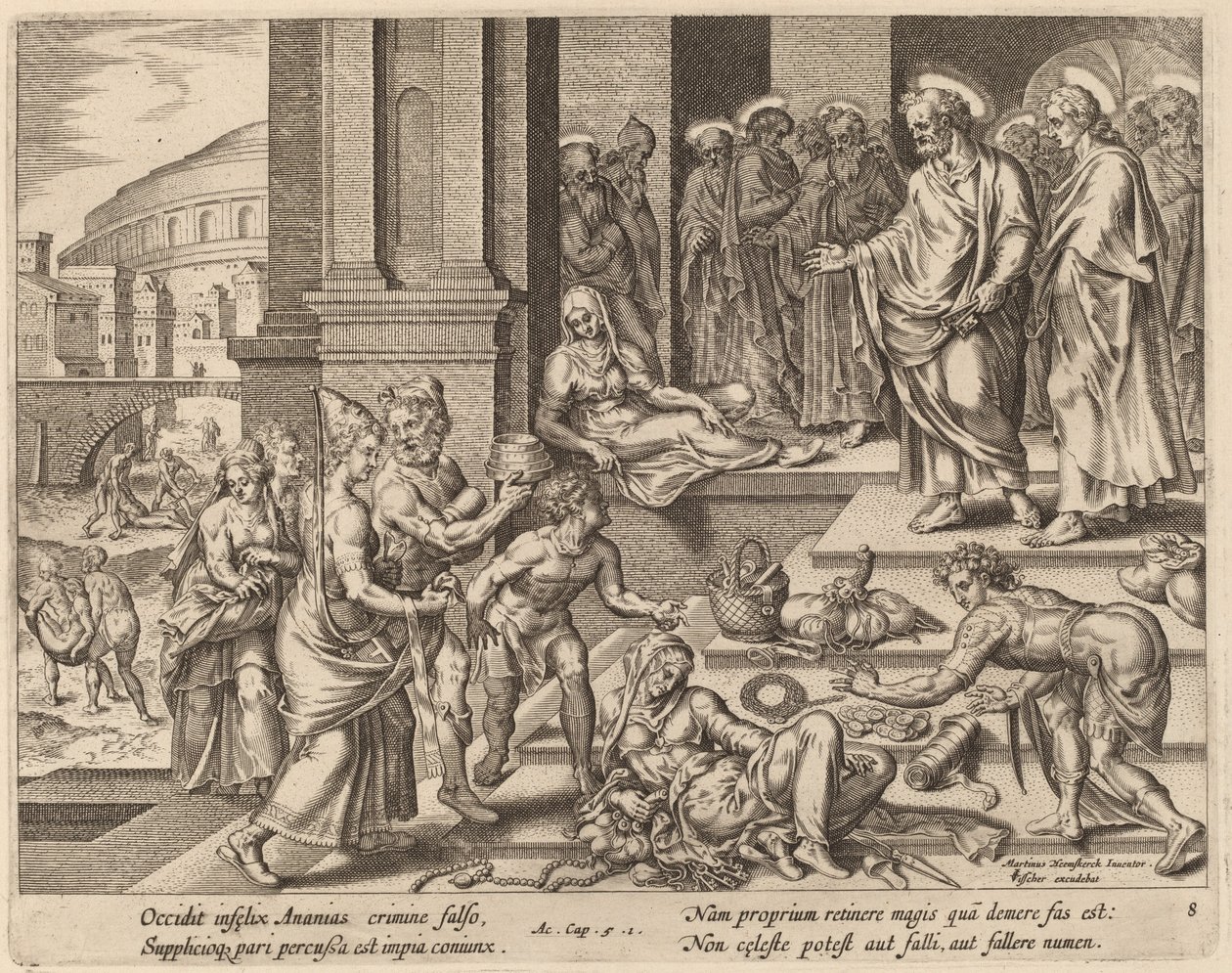 De Dood van Ananias en Saffira door Philip Galle after Maerten van Heemskerck