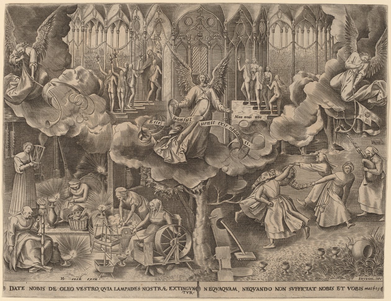 De gelijkenis van de wijze en dwaze maagden door Philip Galle after Pieter Bruegel the Elder