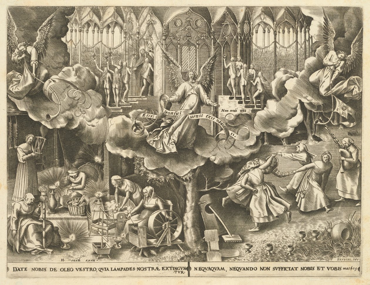De Gelijkenis van de Wijze en Dwaze Maagden door Philip Galle, after Pieter Bruegel the Elder
