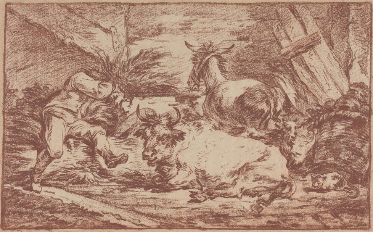 Dieren in een stal (rood krijt op gelegd papier) door Philip James de (1740-1812) Loutherbourg