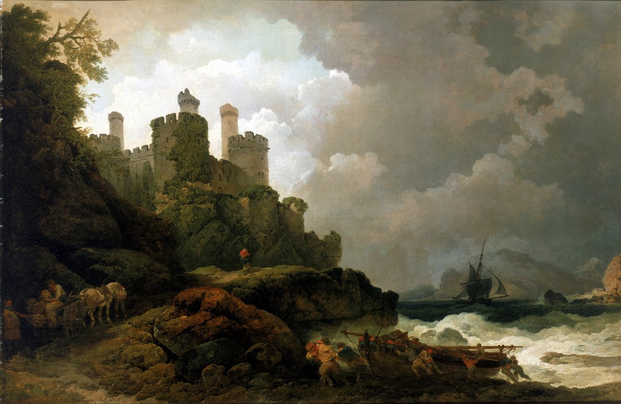 Een vissersboot aan land getrokken, nabij Conwy Castle (Wales). Olie op doek, rond 1800, door Philippe-Jacques de Loutherbourg door Philip James de (1740 1812) Loutherbourg