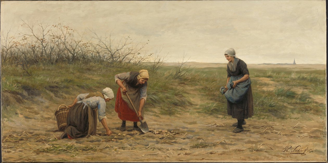 Scheveningse vrouwen rooien aardappelen in een veld door Philip Lodewijk Jacob Frederick Sadee