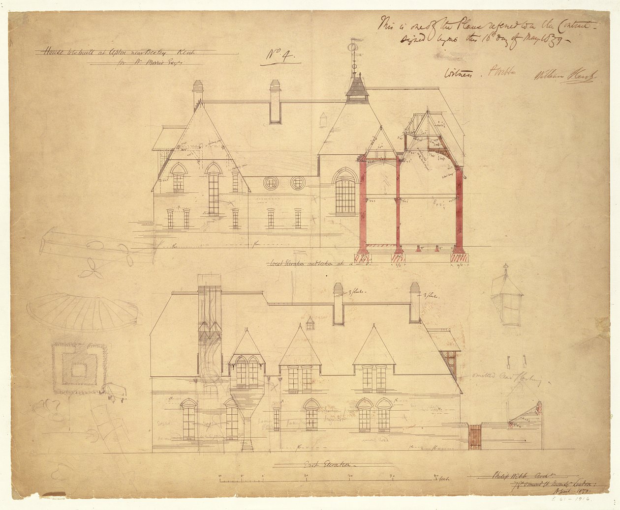 Elevaties voor The Red House, Bexley Heath door Philip Webb