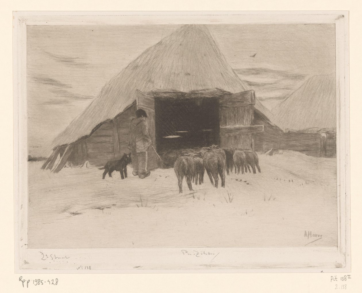 Herder leidt een kudde schapen een schuur in door Philip Zilcken (signed by artist)