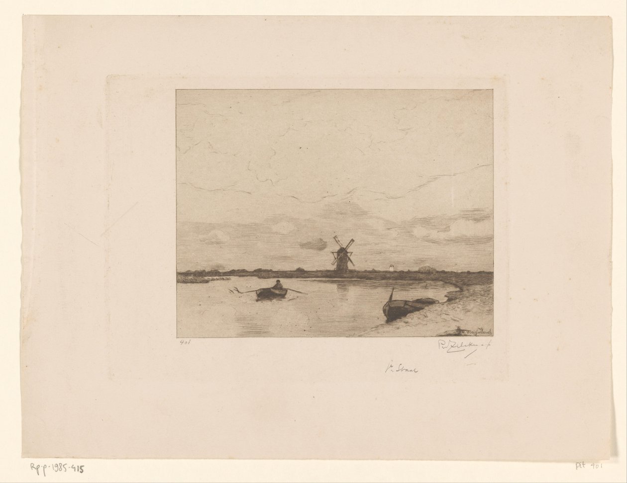 Vaart met roeiboot in weidelandschap met molen door Philip Zilcken (signed by artist)