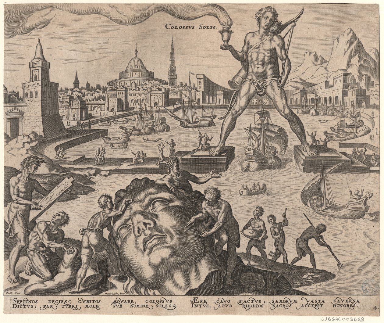 De Kolossus van Rhodos uit de serie De Acht Wereldwonderen Na Maarten van Heemskerck, 1572 door Philipp Galle