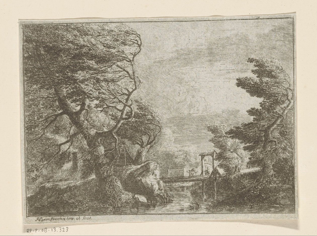 Stormachtig landschap met bomen naast een brug over een rivier door Philipp Hieronymus Brinckmann