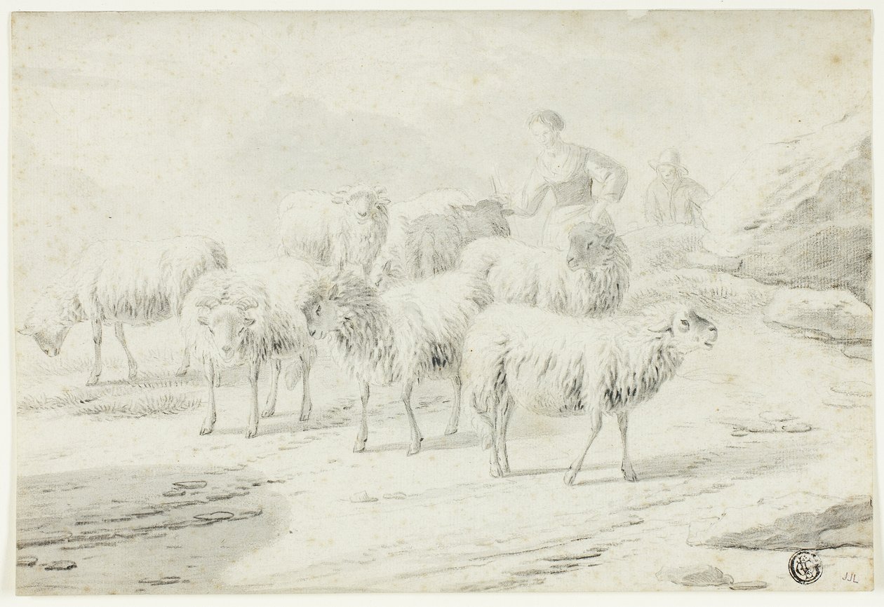 Herderin en schapen door Philipp Peter Roos