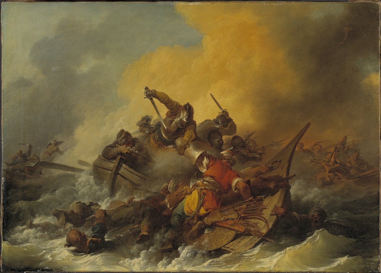 Zeeslag tussen soldaten en oosterse piraten, 1767 door Philippe Jacques de Loutherbourg