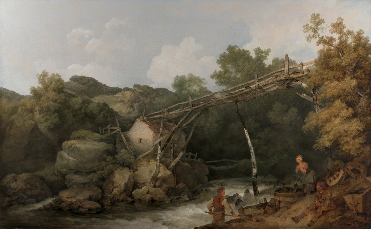 Een uitzicht nabij Matlock, Derbyshire met figuren die werken onder een houten transportband door Philippe-Jacques de Loutherbourg