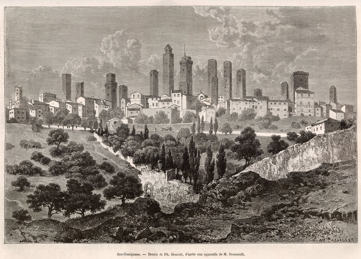 Uitzicht op San Gimignano (Toscane, Italië). Gravure naar de tekening van Ph. Benoist, ter illustratie van de reis naar Toscane en Umbrië, door Francis Wey, in 1875, gepubliceerd in 
