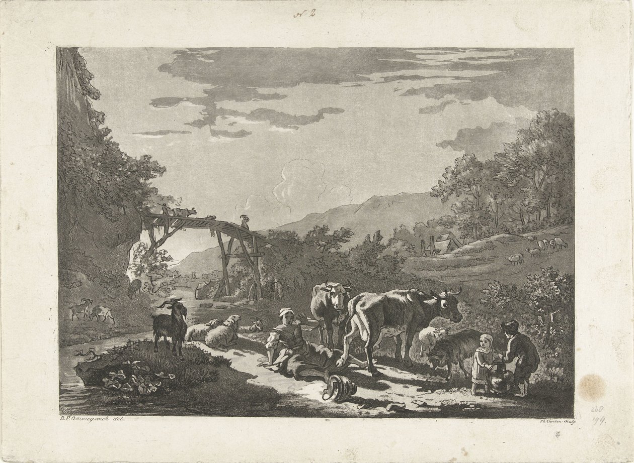 Landschap met melkmeisje en houten brug door Philippe Cardon