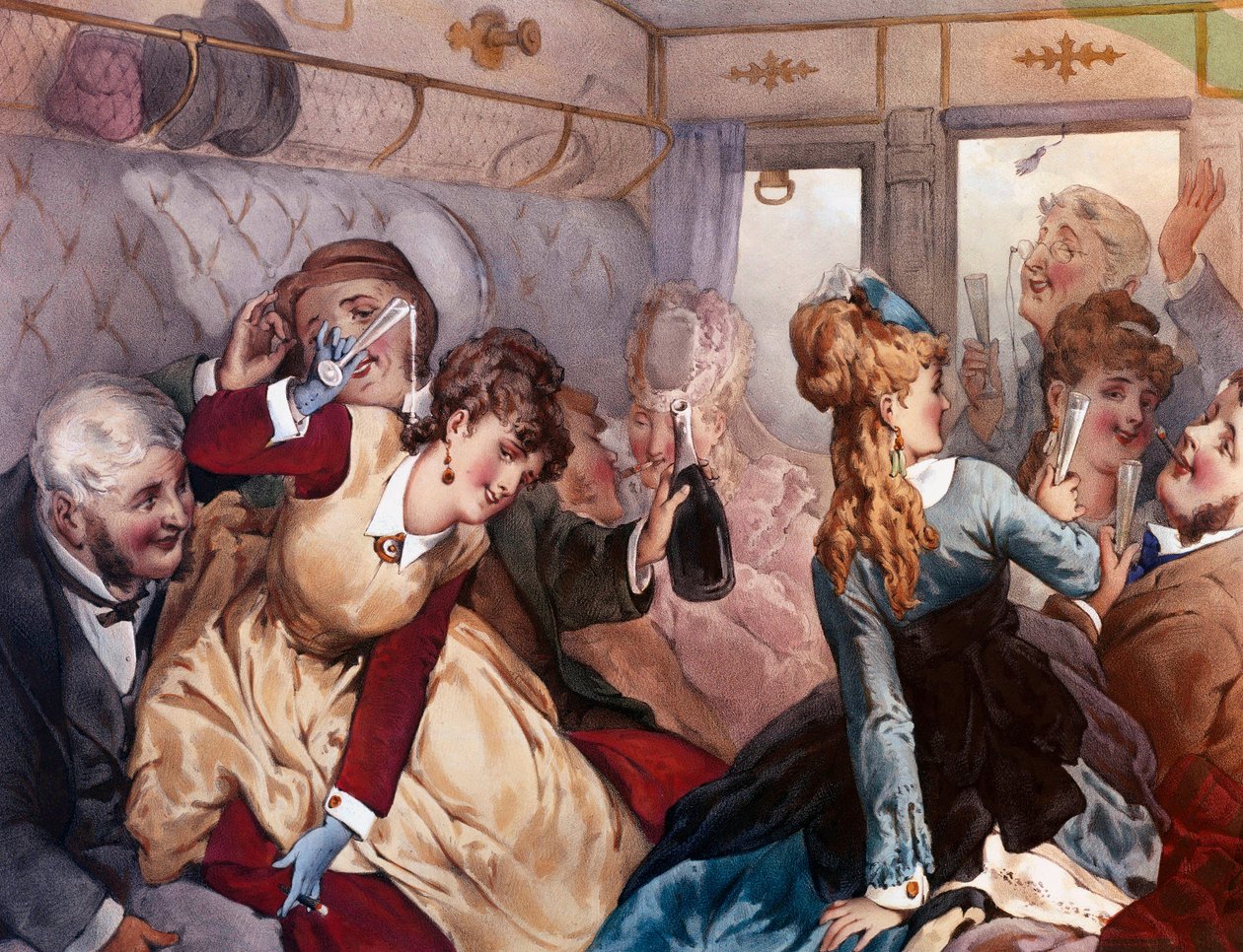 De plezier trein Een groep bourgeois die drinken en zich vermaken in een wagon. Lithografie door Philippe Jacques Linder door Philippe Jacques Linder