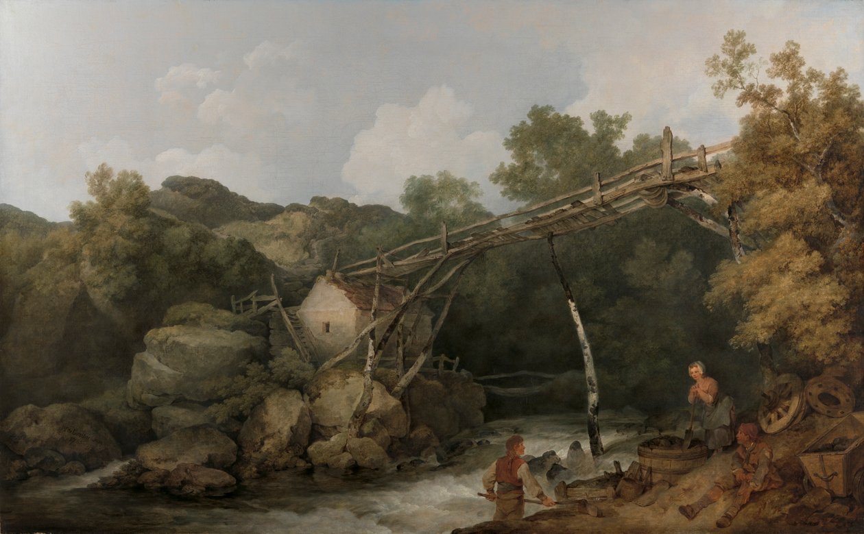 Een uitzicht nabij Matlock, Derbyshire met figuren die werken onder een houten transportband door Philippe Jacques de Loutherbourg