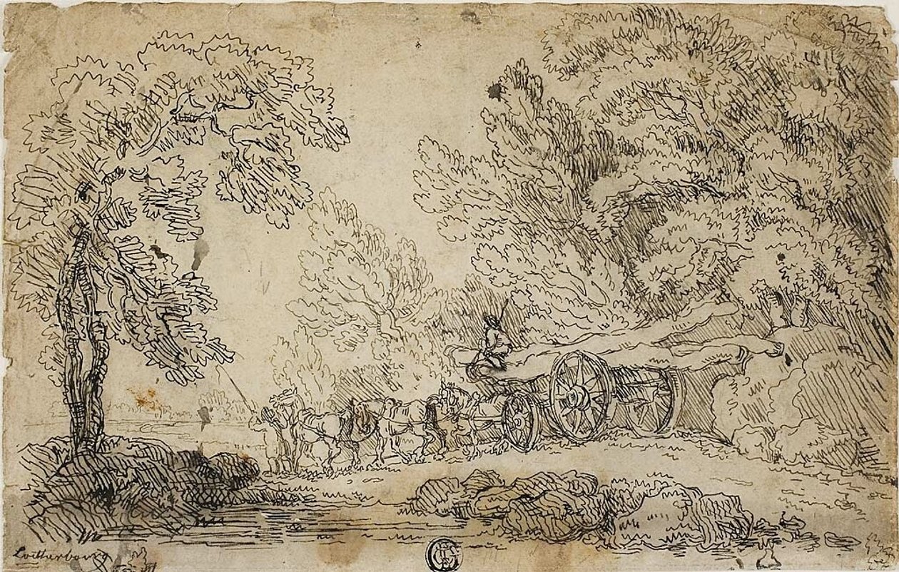 Boomstammen slepen in een bos (recto); Schetsen van mensen in verschillende activiteiten (verso) door Philippe Jacques de Loutherbourg II