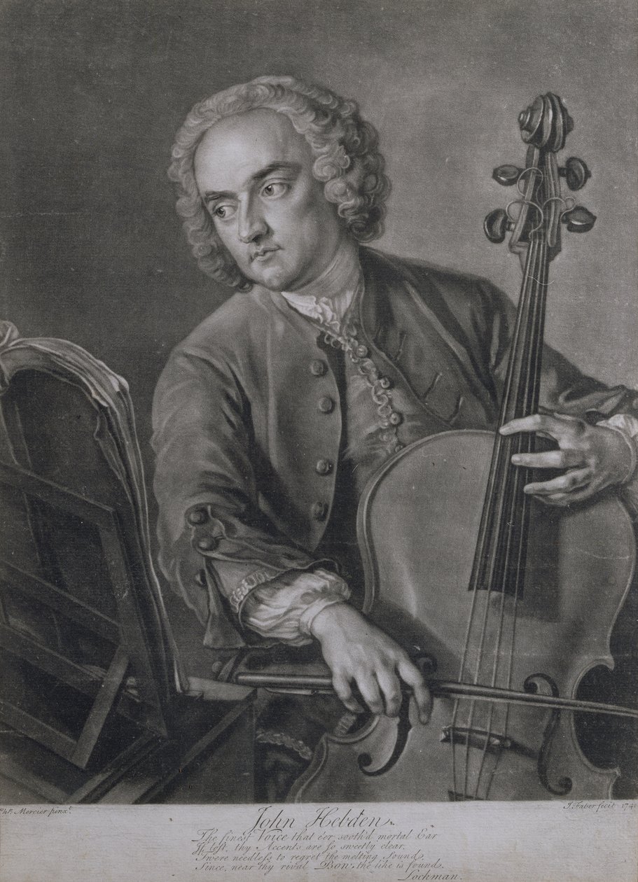 Portret van John Hebden (fl.1740-60), een cellist in het orkest van Handel, gegraveerd door John Faber (1684-1756), 1741 door Philippe Mercier