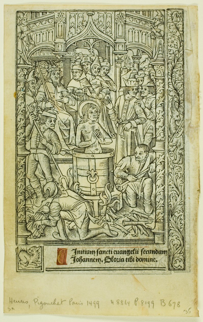 Het Martelaarschap van Sint Johannes de Evangelist (recto), en December Kalender (verso), uit Getijdenboek door Philippe Pigouchet