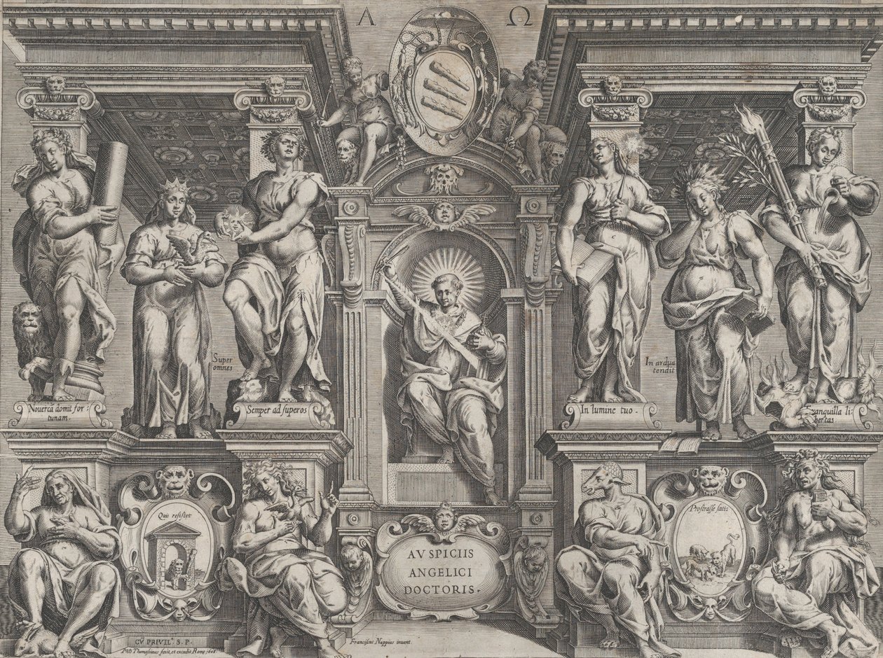 Allegorische stelling met verschillende figuren, geplaatst in een architectonische structuur door Philippe Thomassin