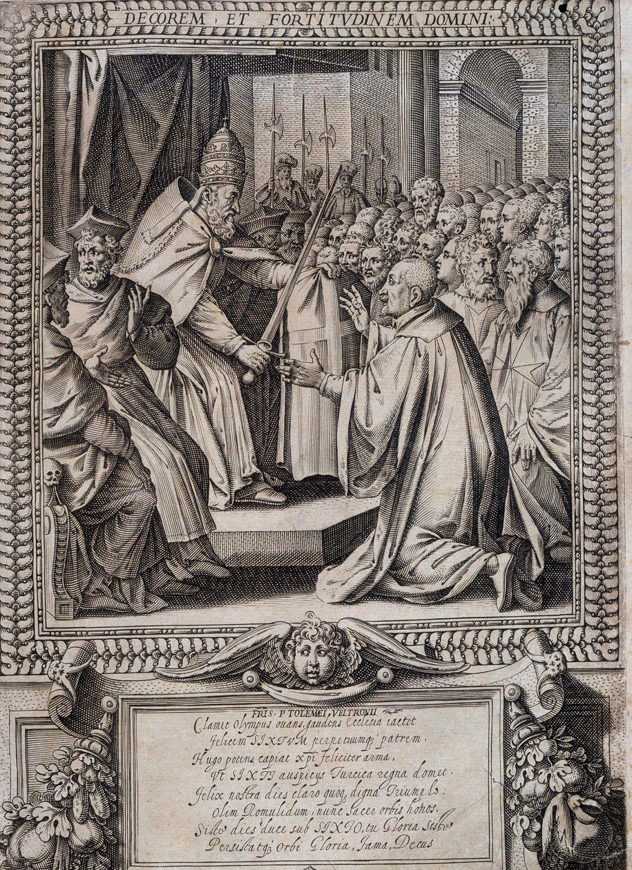 Bord van de Statuten van de Orde van Malta "Statuta Hospitalis Hervsalem" (verzachting van een ridder door een paus), door Philippe Thomassin, eind 16e eeuw door Philippe Thomassin