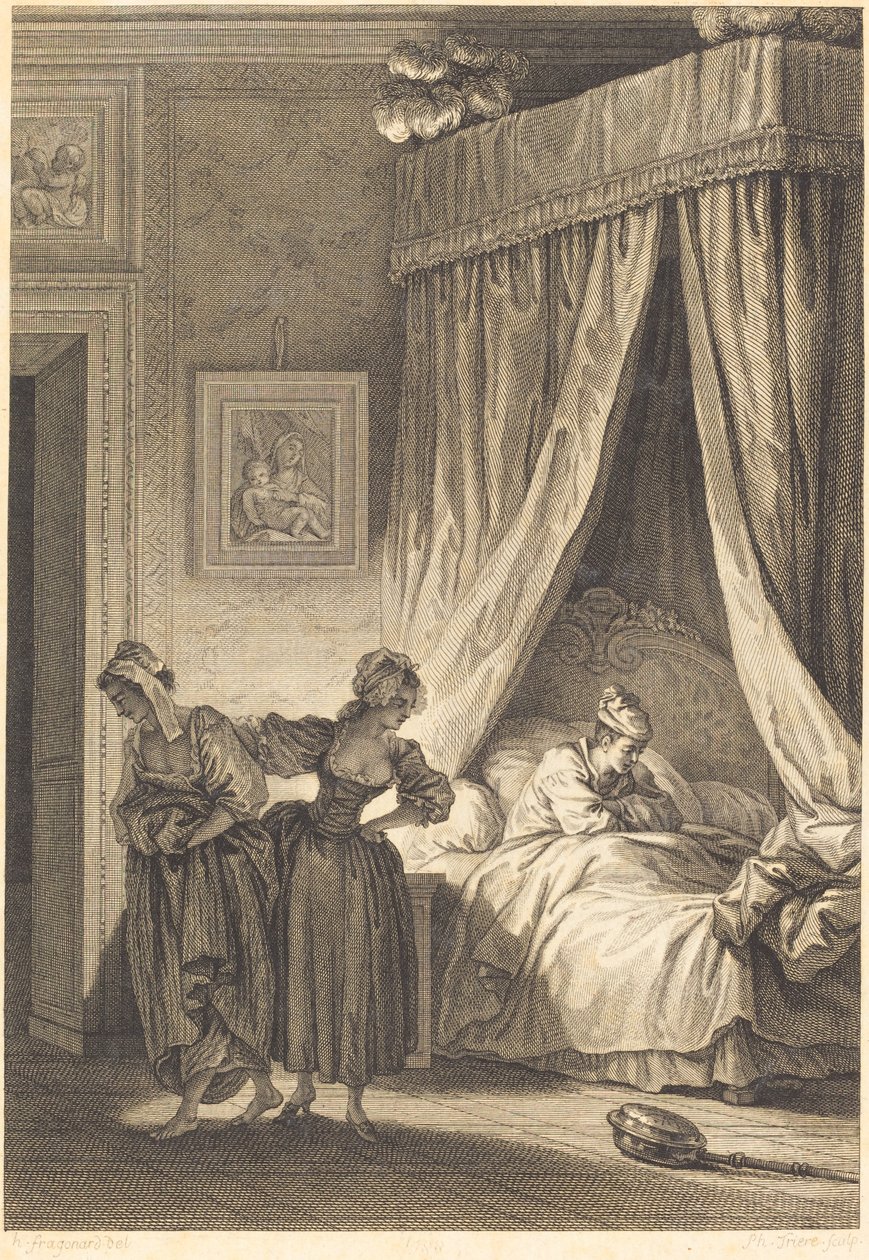 De weddenschap van de drie kletskousen: De dienstmeid door Philippe Triere and Antoine Jean Duclos after Jean Honoré Fragonard