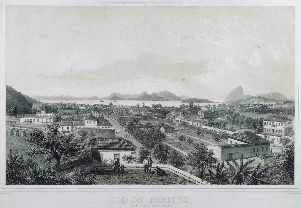 Negen panoramische uitzichten van Rio de Janeiro: Catette en ingang van de Barra door Philippe and Ciceri Eugene Benoist