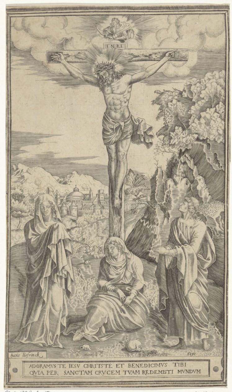 Christus aan het kruis geflankeerd door Maria en Johannes door Philippe de Soye