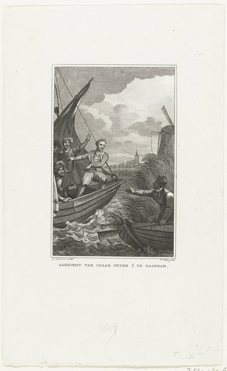 Aankomst van Tsaar Peter de Grote in Zaandam, 1697, ca. 1829 door Philippus Velijn