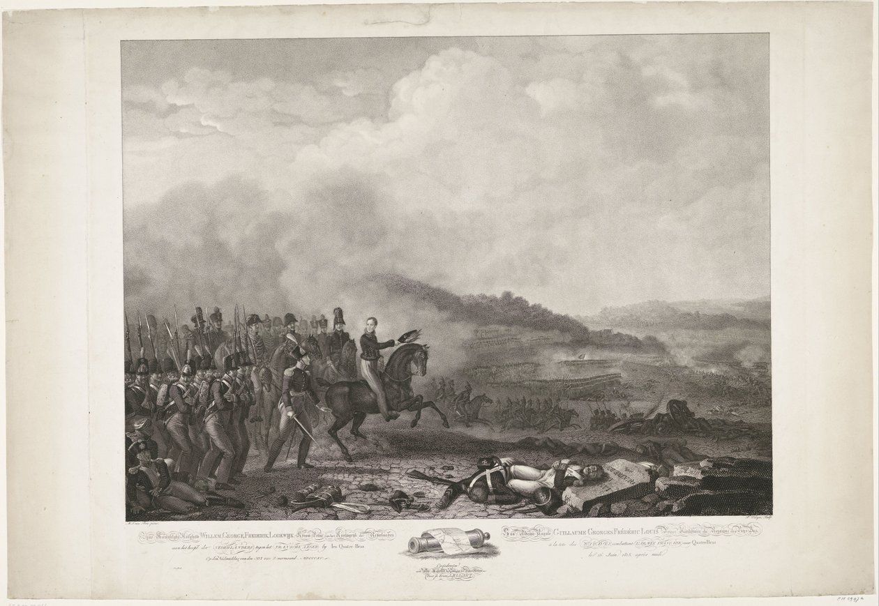Prins van Oranje leidt de Nederlandse troepen in de slag bij Quatre-Bras, 1815 door Philippus Velijn