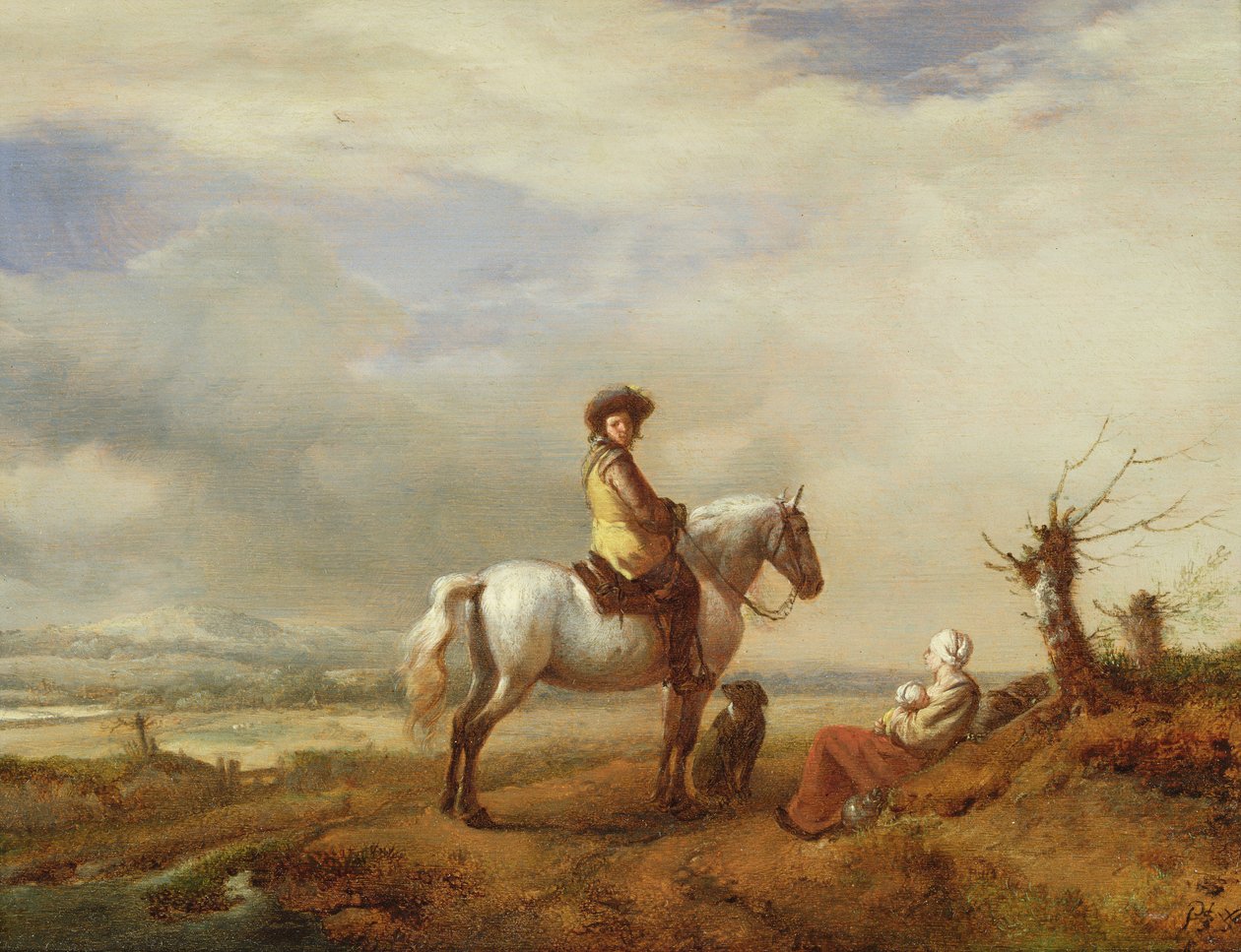 Man op een paard met een vrouw en kind door Philips Wouwerman