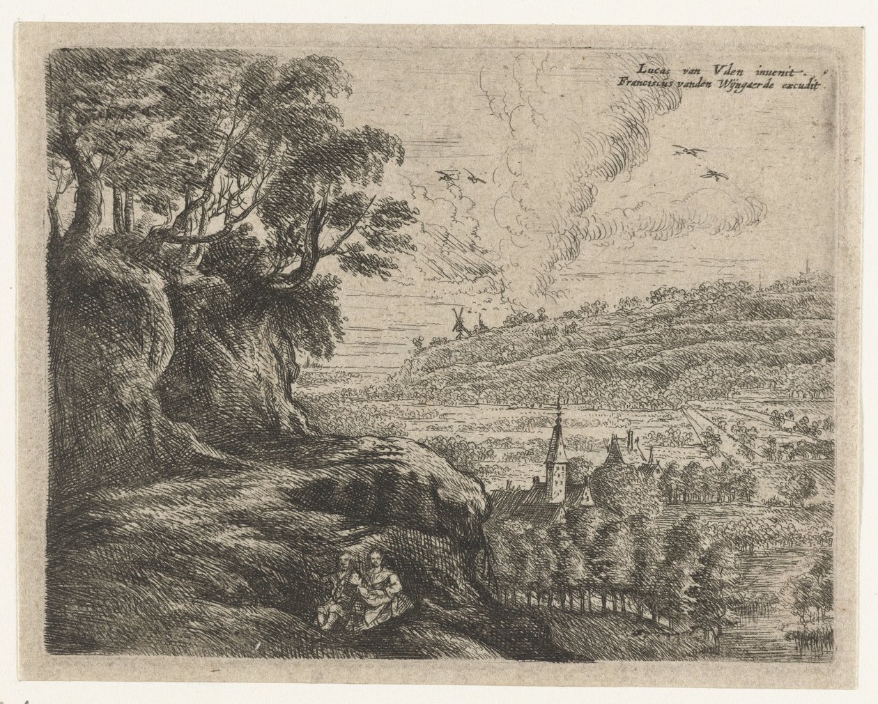Landschap met een man, vrouw en kind door Philips Augustijn Immenraet