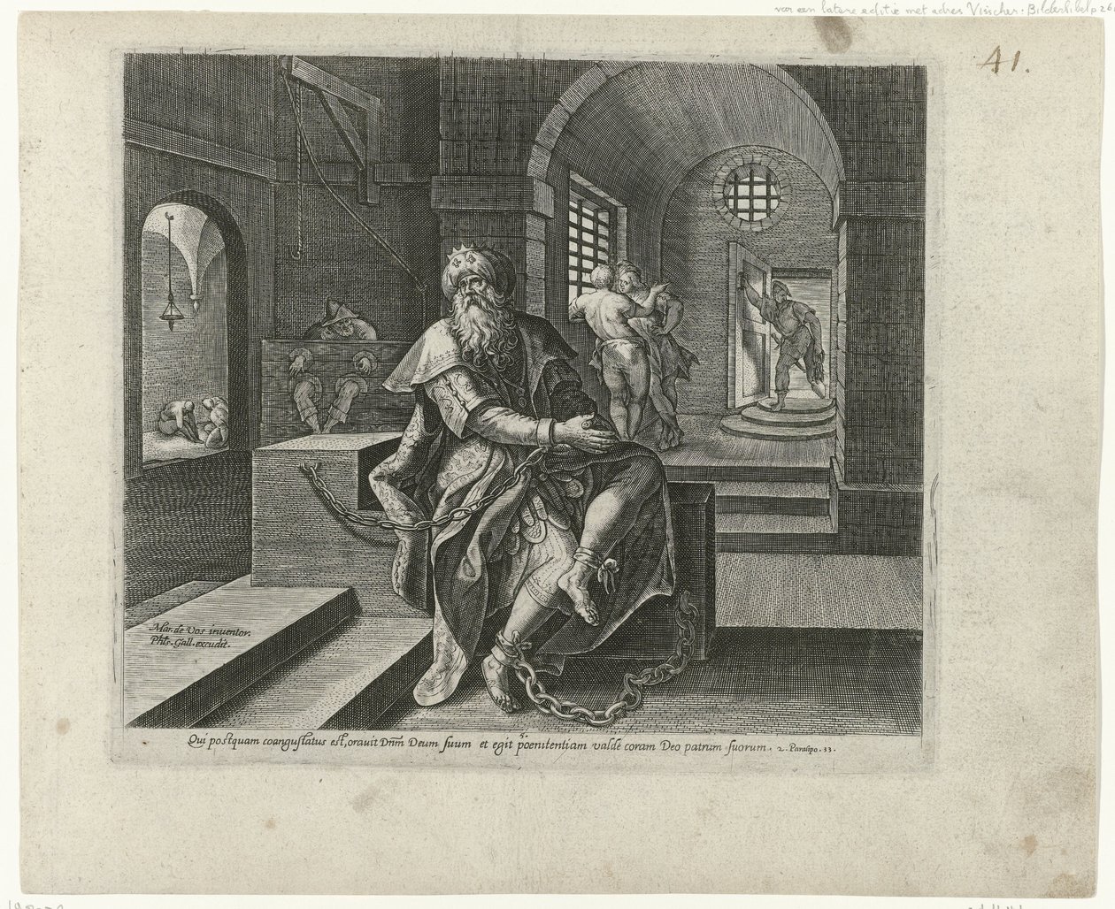 Koning Manasse in de gevangenis door Philips Galle (attributed to workshop of)