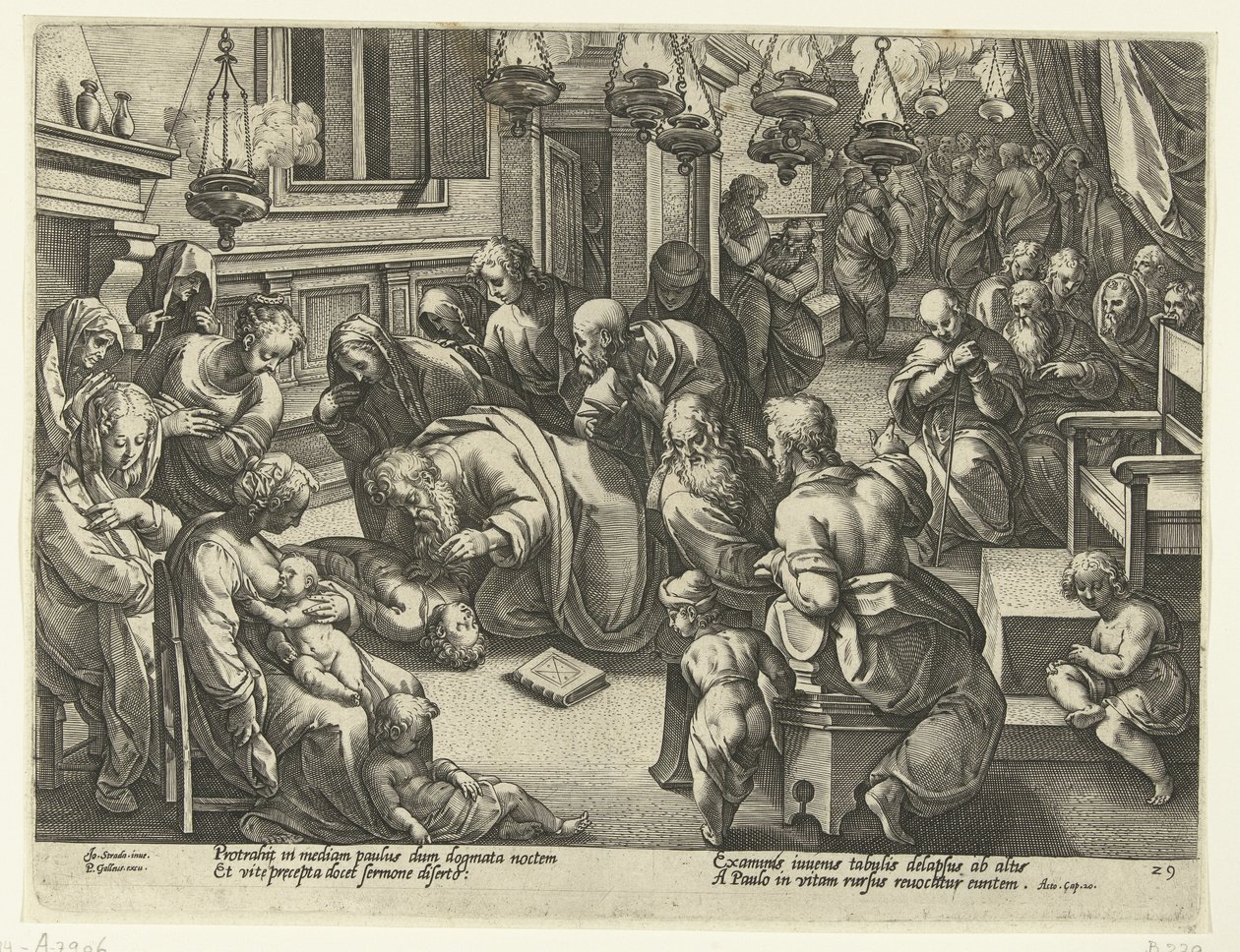 Paulus wekt Eutychus op Geschiedenis van de apostelen door Philips Galle (workshop of)