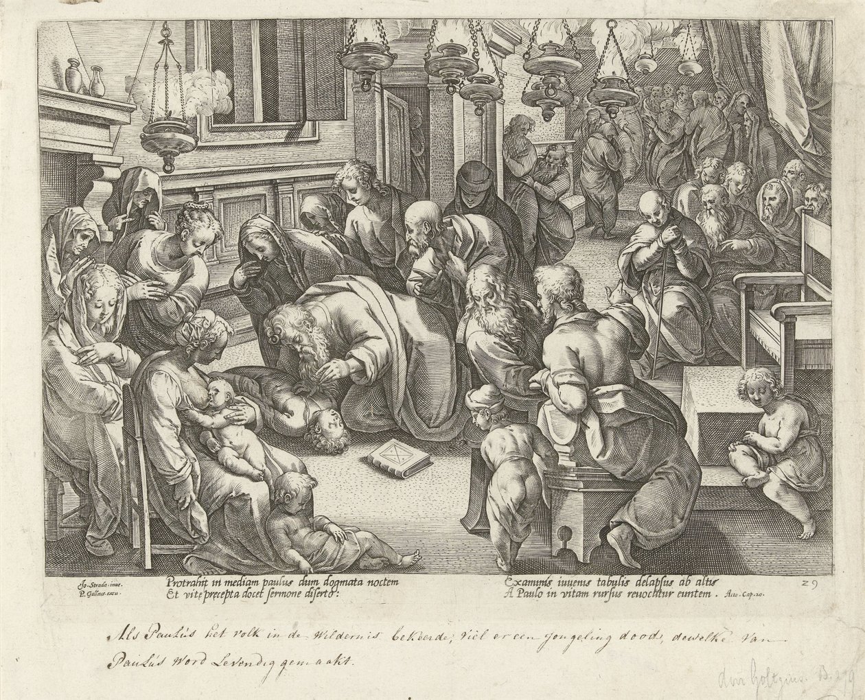 Paulus wekt Eutychus terug tot leven door Philips Galle (workshop of)