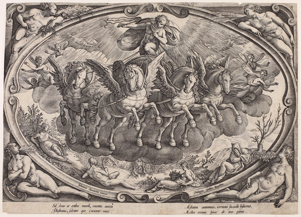 Apollo (Sol) met de zonnewagen (De vier jaargetijden met de zon, titelblad) door Philips Galle