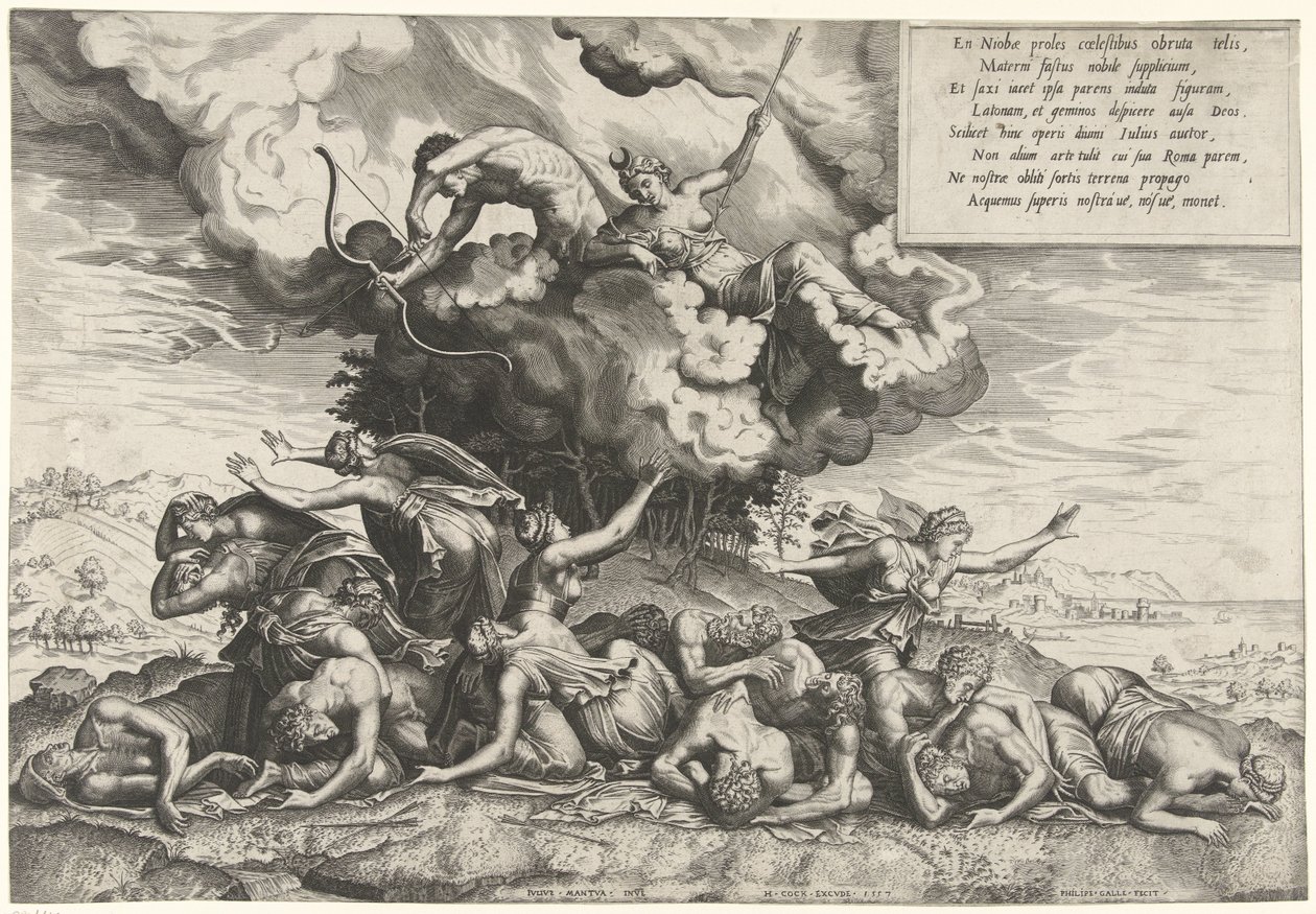 Apollo en Diana doden de kinderen van Niobe door Philips Galle
