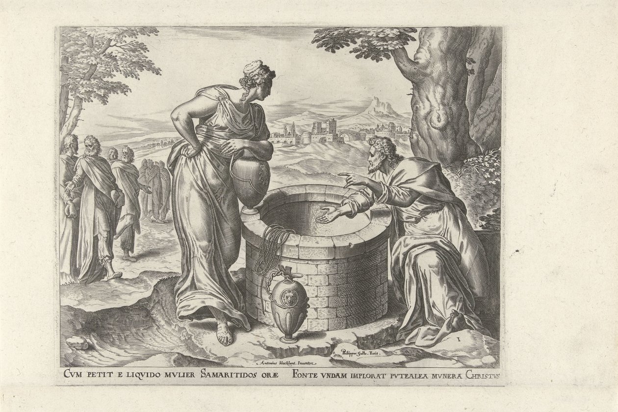 Christus en de Samaritaanse vrouw bij de bron door Philips Galle