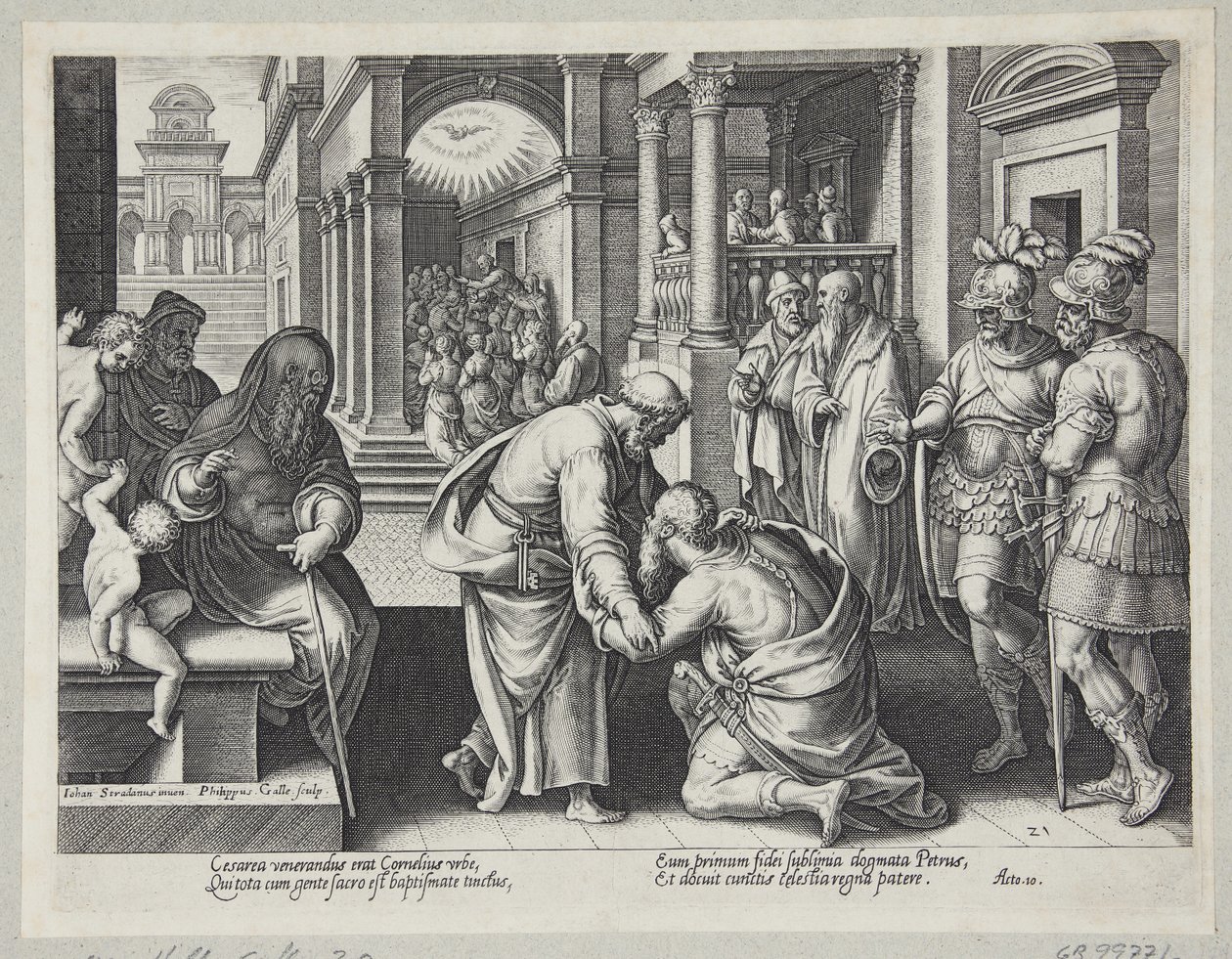 Cornelius knielt voor St. Peter door Philips Galle