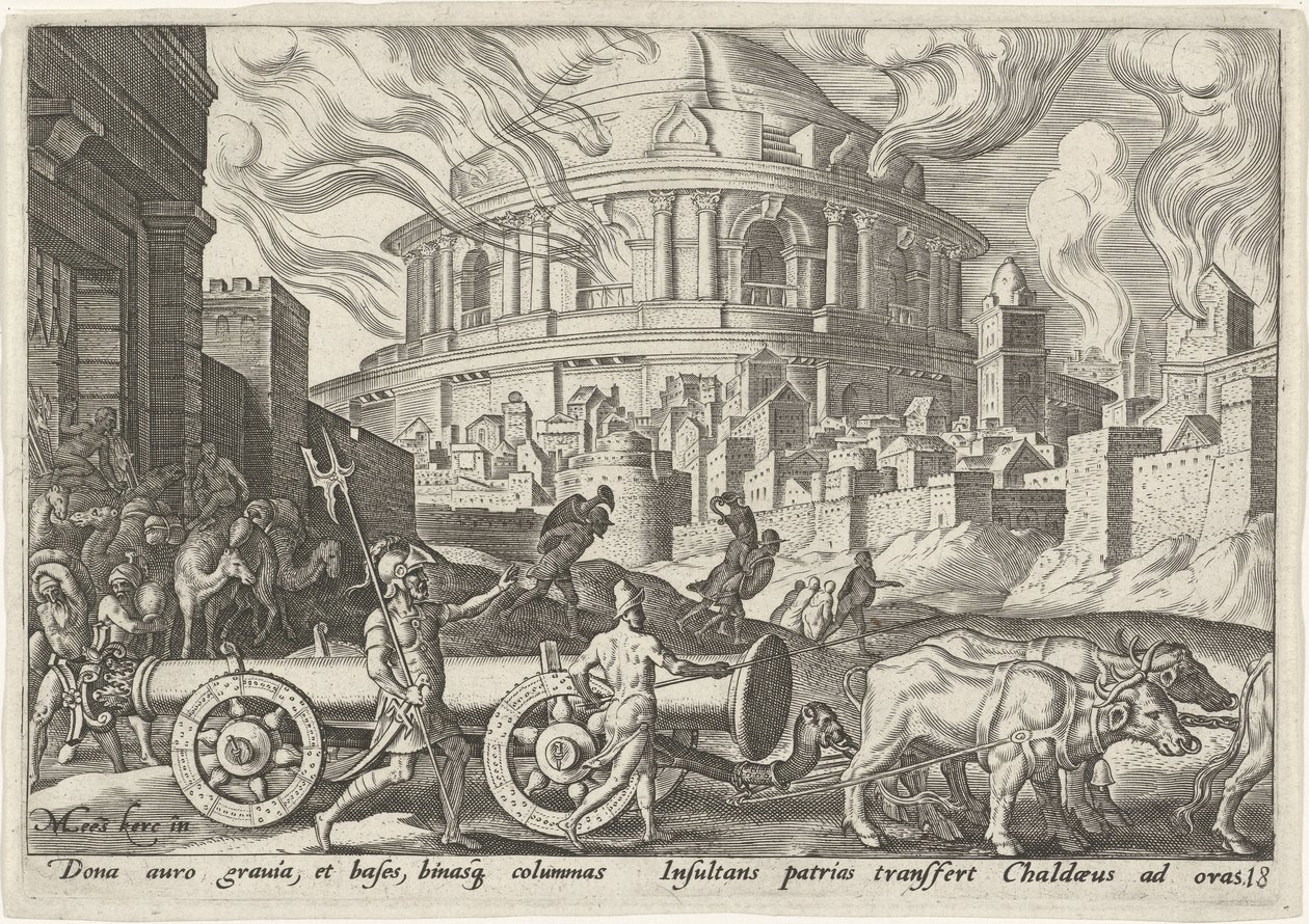 De Chaldeeën nemen de zuilen van de tempel van Jeruzalem mee (De onheilsdagen van het Joodse volk) door Philips Galle