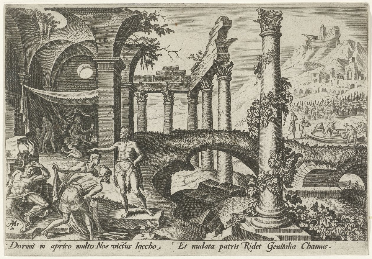 De dronkenschap van Noach De onheilsdagen van het Joodse volk door Philips Galle