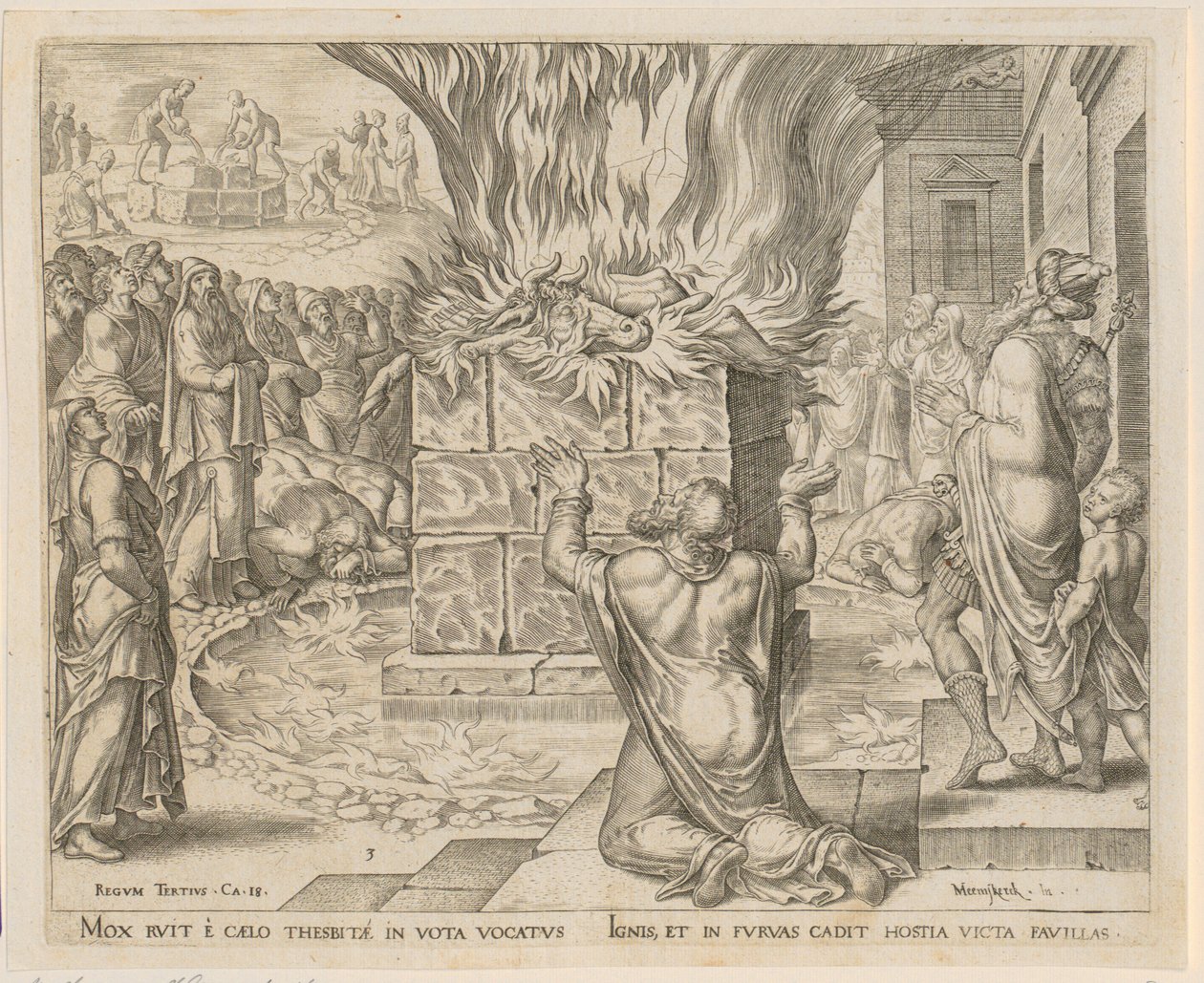 Het offer van Elia wordt door vuur ontstoken, blad 3 uit de reeks "De geschiedenis van Elia en de priesters van Baäl" door Philips Galle