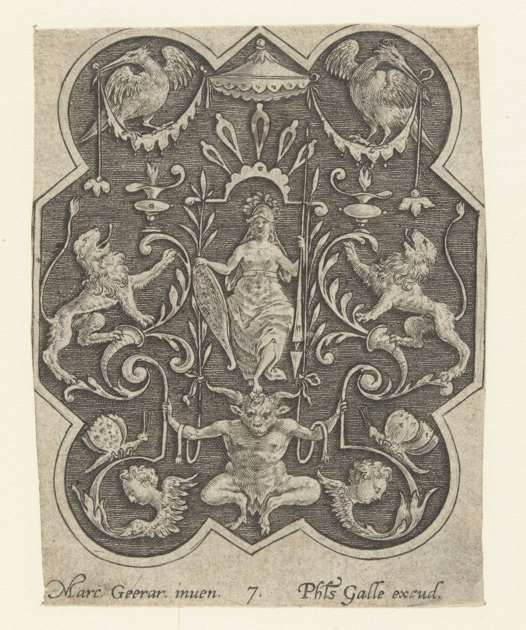 Gehelmde vrouw met schild en speer door Philips Galle