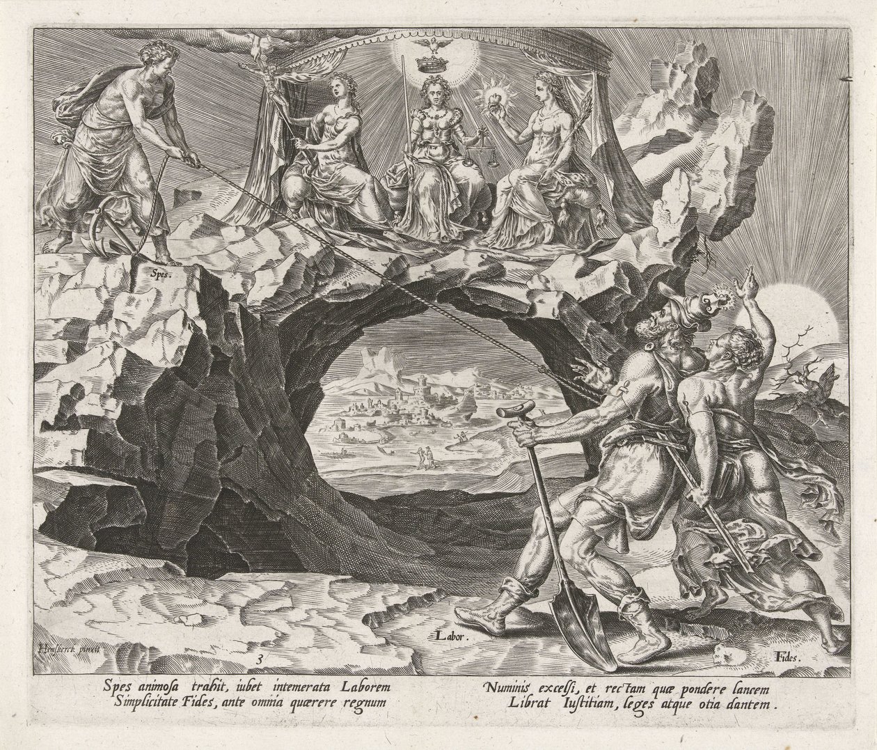 Geloof en hoop brengen de arbeider tot godsvrucht door Philips Galle